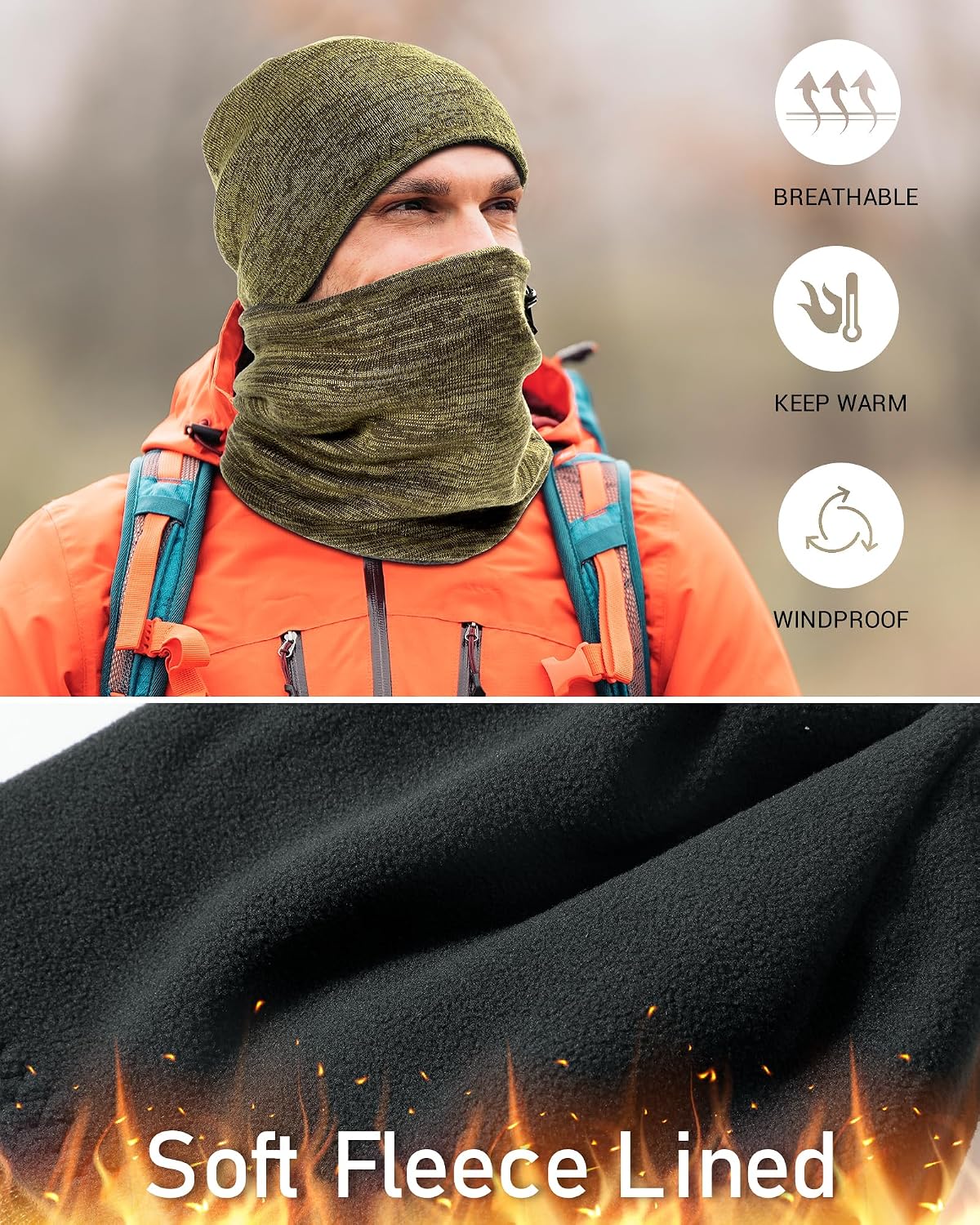 Winter Beanie Hat Scarf Set for Men Women Fleece Lined Warm Windproof Ski