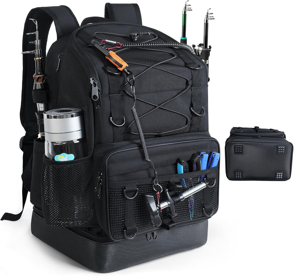 Fishing Backpack with 4 Tackle Boxes, Heavy Duty Fishing Bag with Waterproof Bottom, Tackle Backpack Gifts for Man Woman-Pure Black