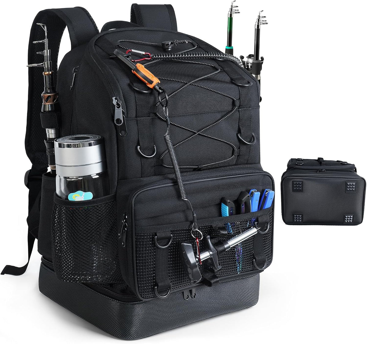Fishing Backpack with 4 Tackle Boxes, Heavy Duty Fishing Bag with Waterproof Bottom, Tackle Backpack Gifts for Man Woman-Pure Black