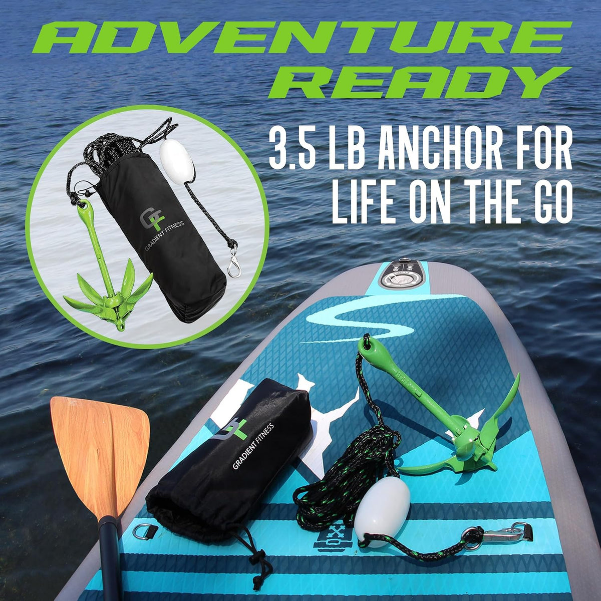 Kayak Anchor Kit - 3.5 lb, Green - Folding Grapnel Anchor with 25 ft Rope