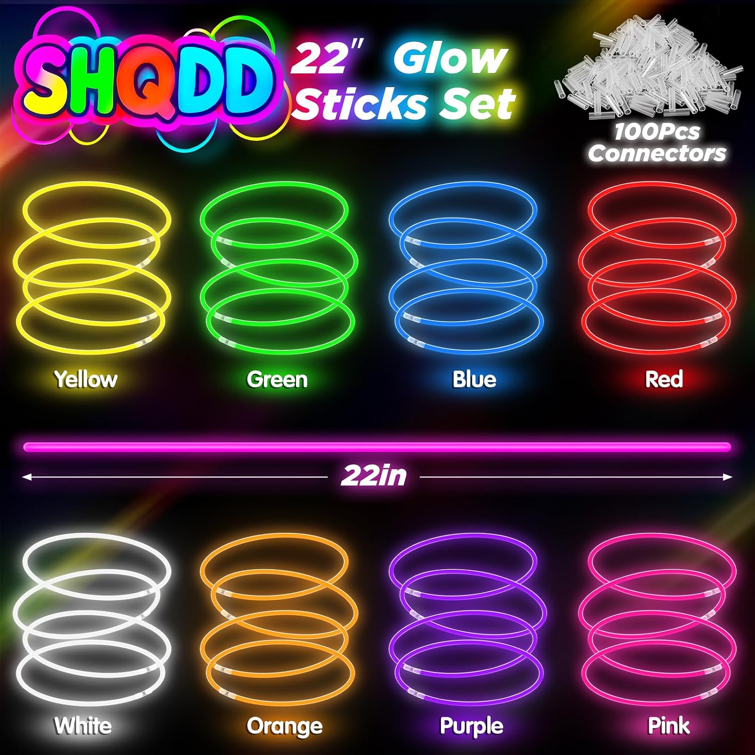100Pcs Glow Sticks Bulk - 22 inch Glow In the Dark Sticks Party Supplies, Neon Glow Party Pack for Kids with 9 Hours Duration, Glowsticks Party Favor Glow Necklace & Bracelet with 100Pcs Connectors