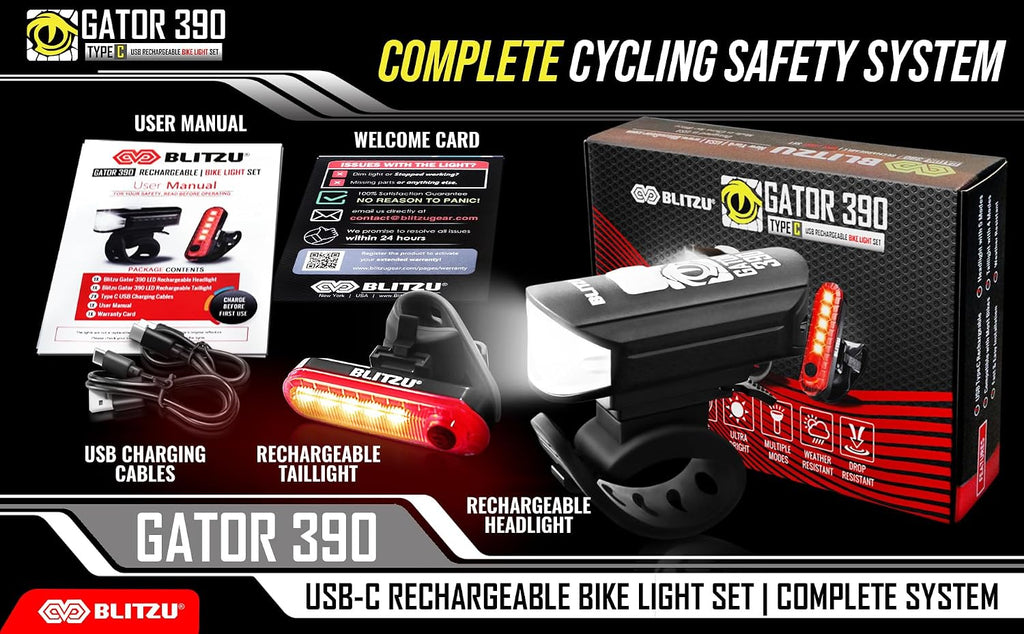 BLITZU Ultra Bright Type-C USB-C Rechargeable Bike Light Set, Bicycle Front Headlight and Back Taillight, Bicycle Accessories for Night Riding, Easy to Install for Men Women Kids Road Mountain Cycling
