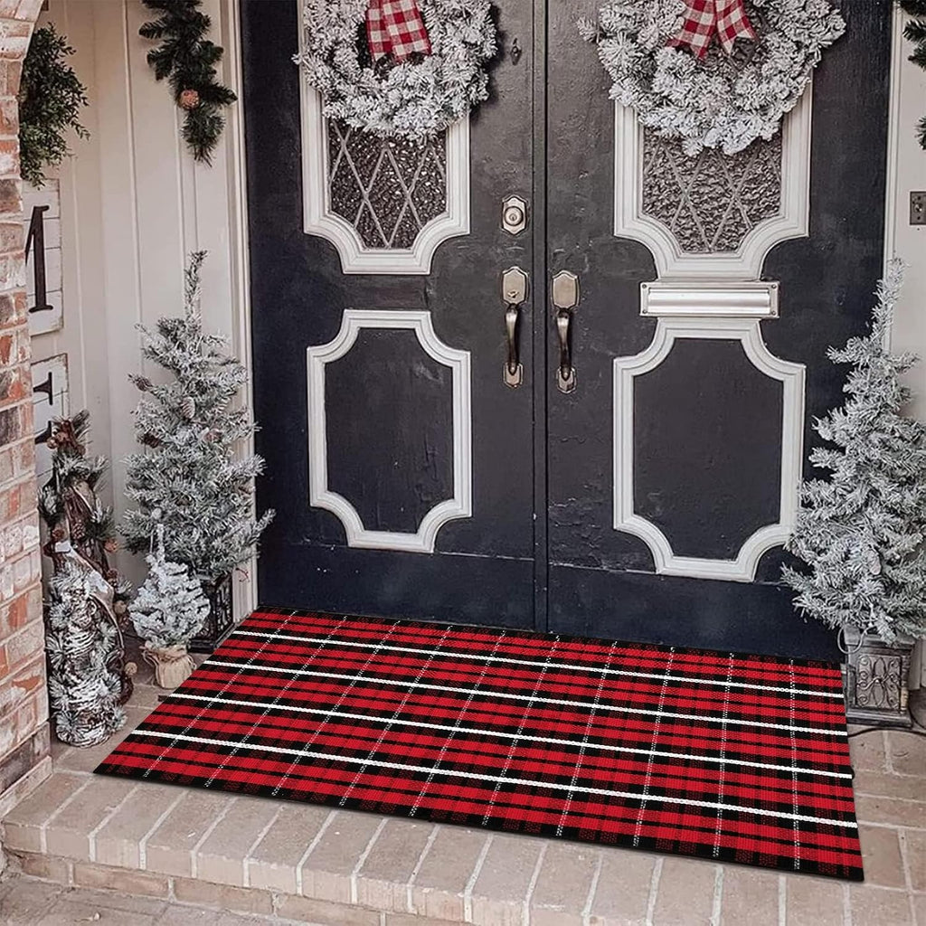 Christmas Front Door Mat Outdoor 2'X4.3' Red Plaid Porch Rug Welcome Mat