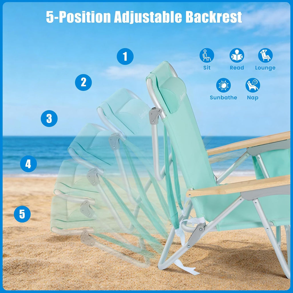 SUNNYFEEL Low Back Folding Beach Chair, Aluminum Heavy Duty Beach Chair with 5-Position, Portable Camping Chair for Adults with Wood Armrest, Lightweight Camping Chair 300lbs, Green