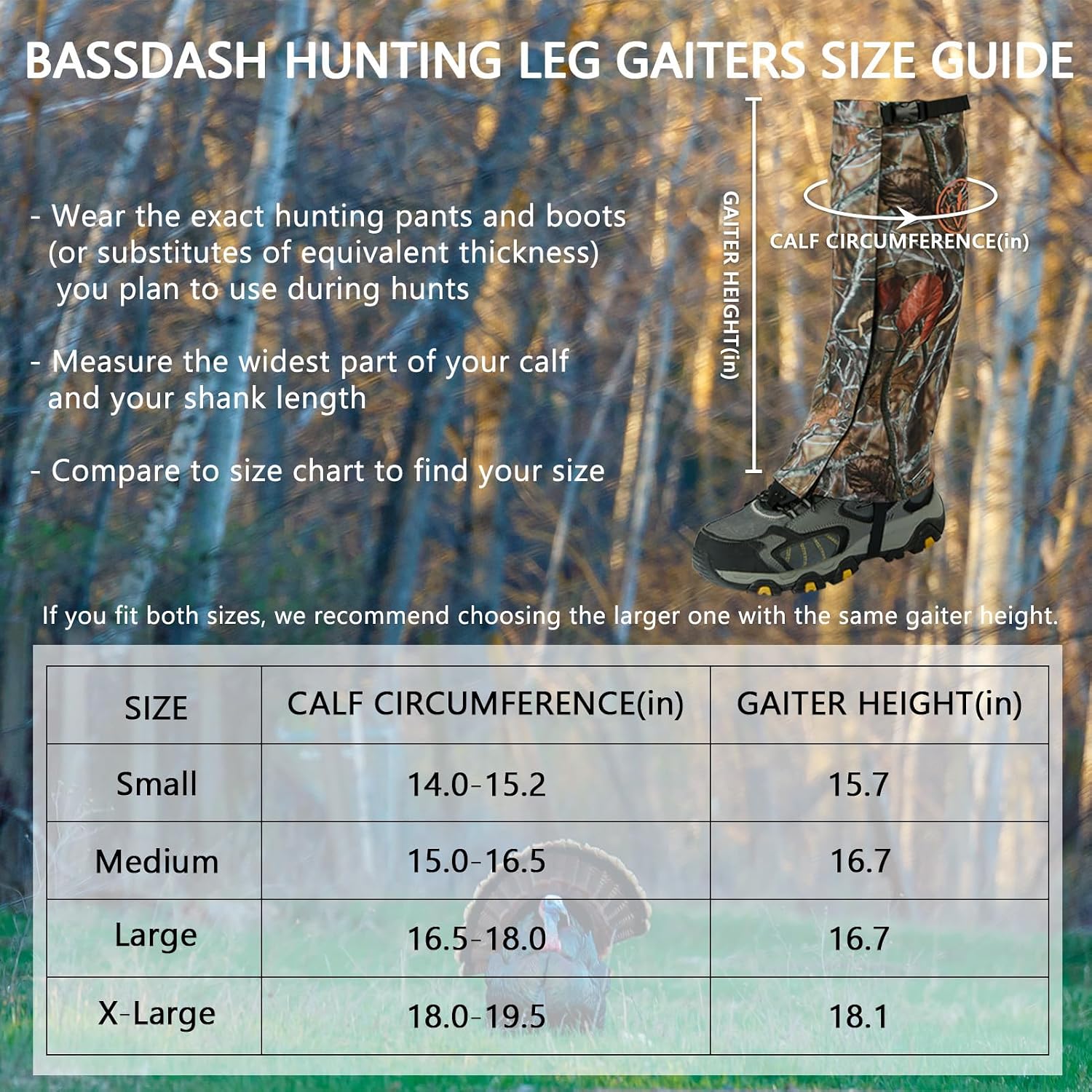 BASSDASH Waterproof Hunting Leg Gaiters, Camo Lightweight Boot Gaiters