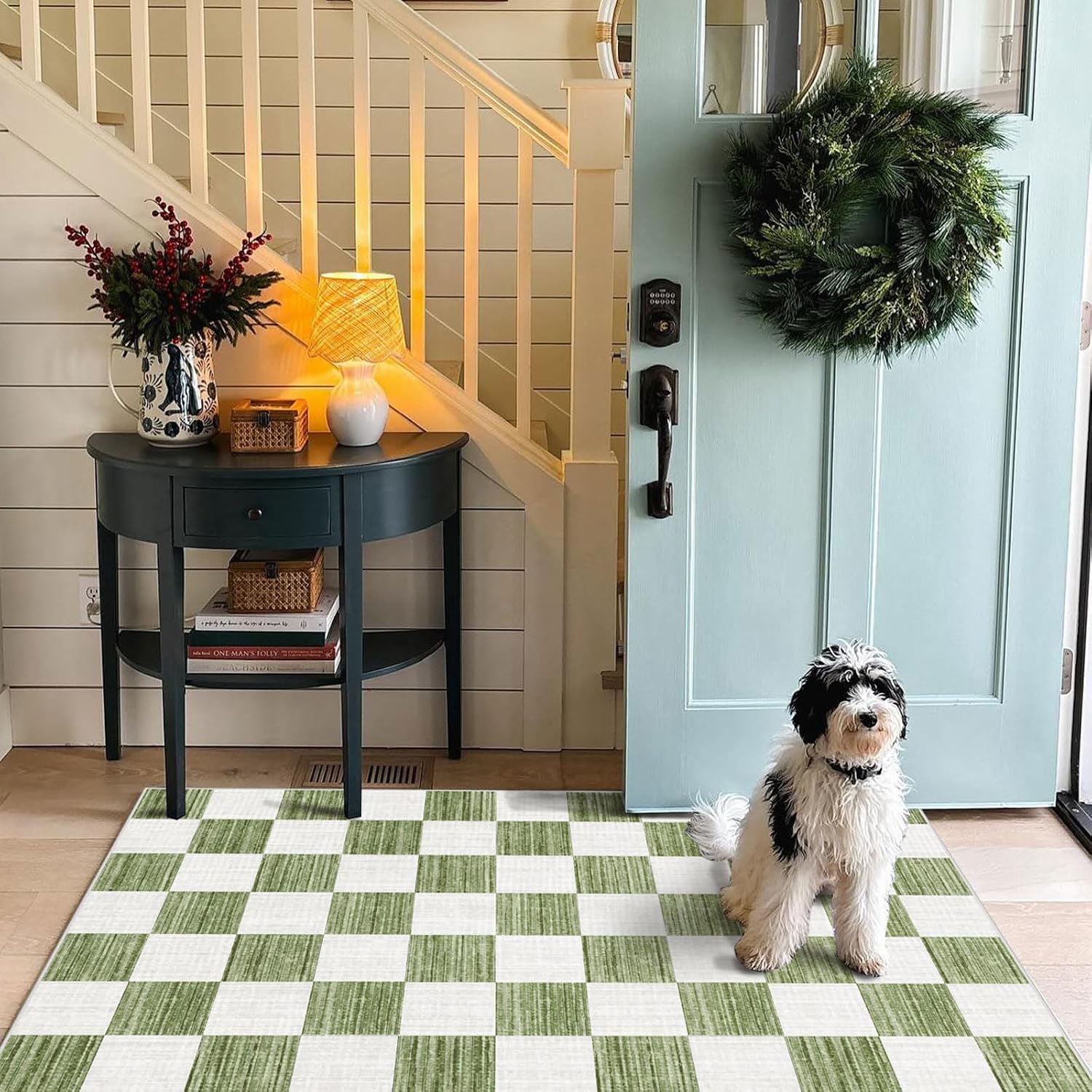 Green White Checkered Entry Rug - 3x5 Non-Slip Indoor Outdoor Rugs