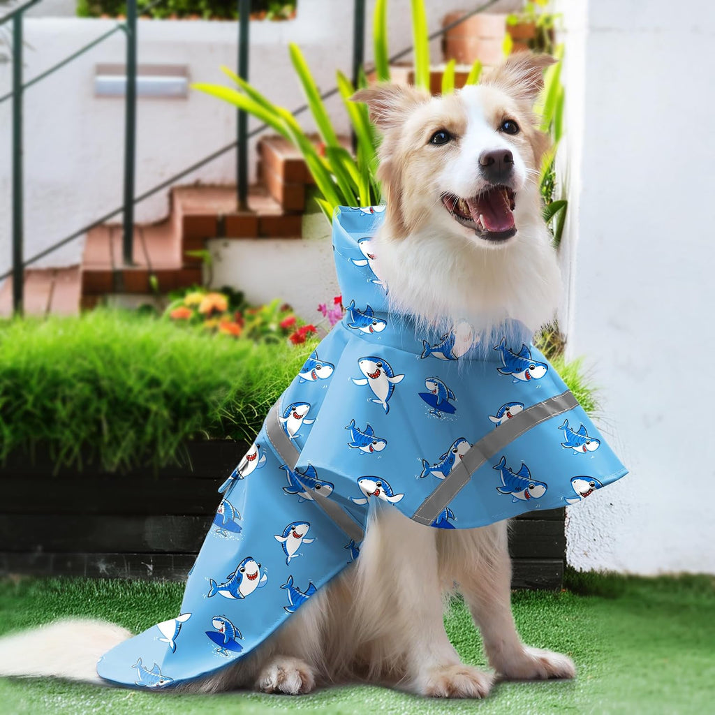 DELIFUR Large Dog Raincoat - Waterproof Dog Rain Poncho Adjustable Double Layer Rain Jacket with Hood for Medium Large Dogs Designed with Leash Hole Reflective Strip(Blue Shark, Large)