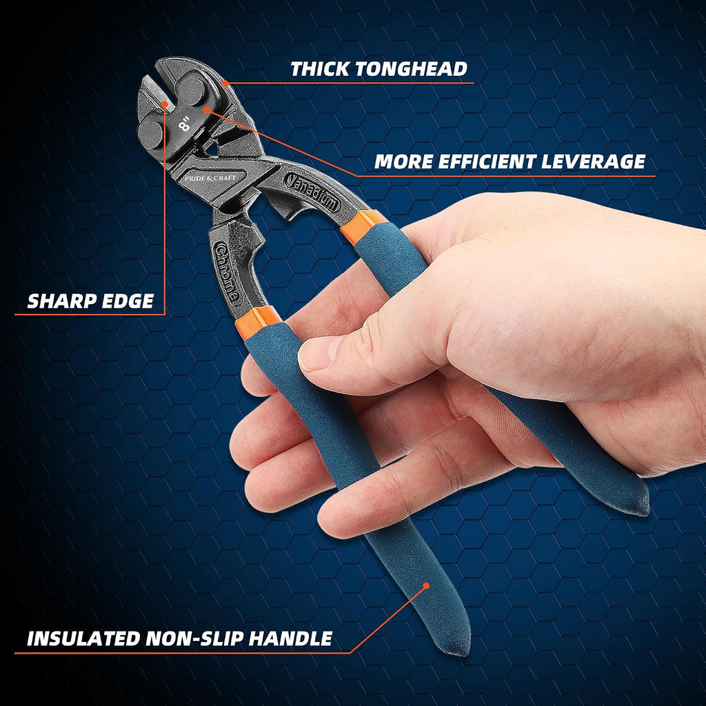 PRIDE&CRAFT 8 inches Mini Bolt Cutter Heavy Duty Cutting Tool for Wire, Chain, and Bolts, Snips Clippers with Soft Non-Slip Grip, Portable for Electricians, DIY Enthusiasts (Mini Bolt Cutter, 8 Inch)