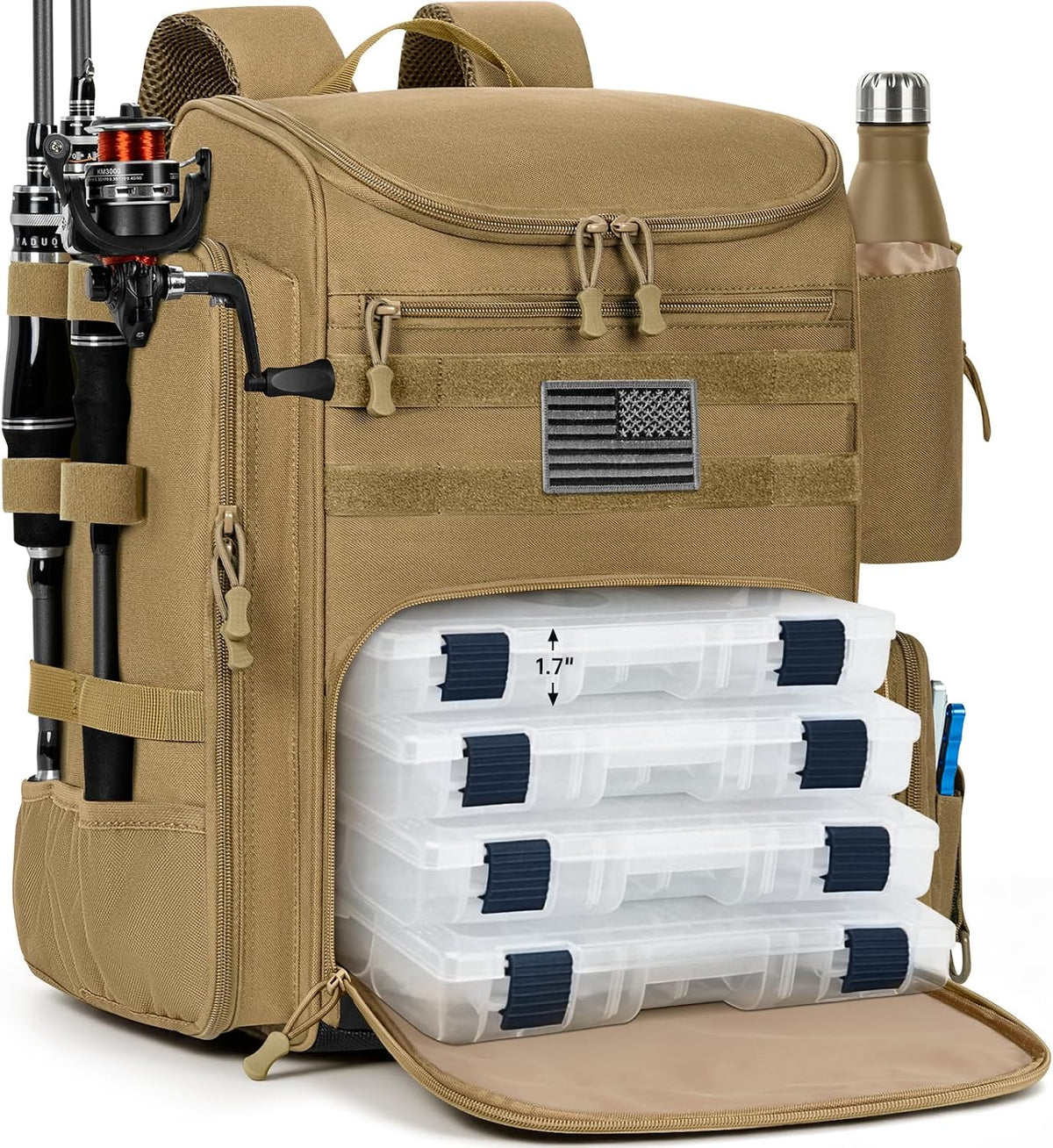 40L Tackle Fishing Backpack with 2 Rod Holders, Fits 4 3600 Trays