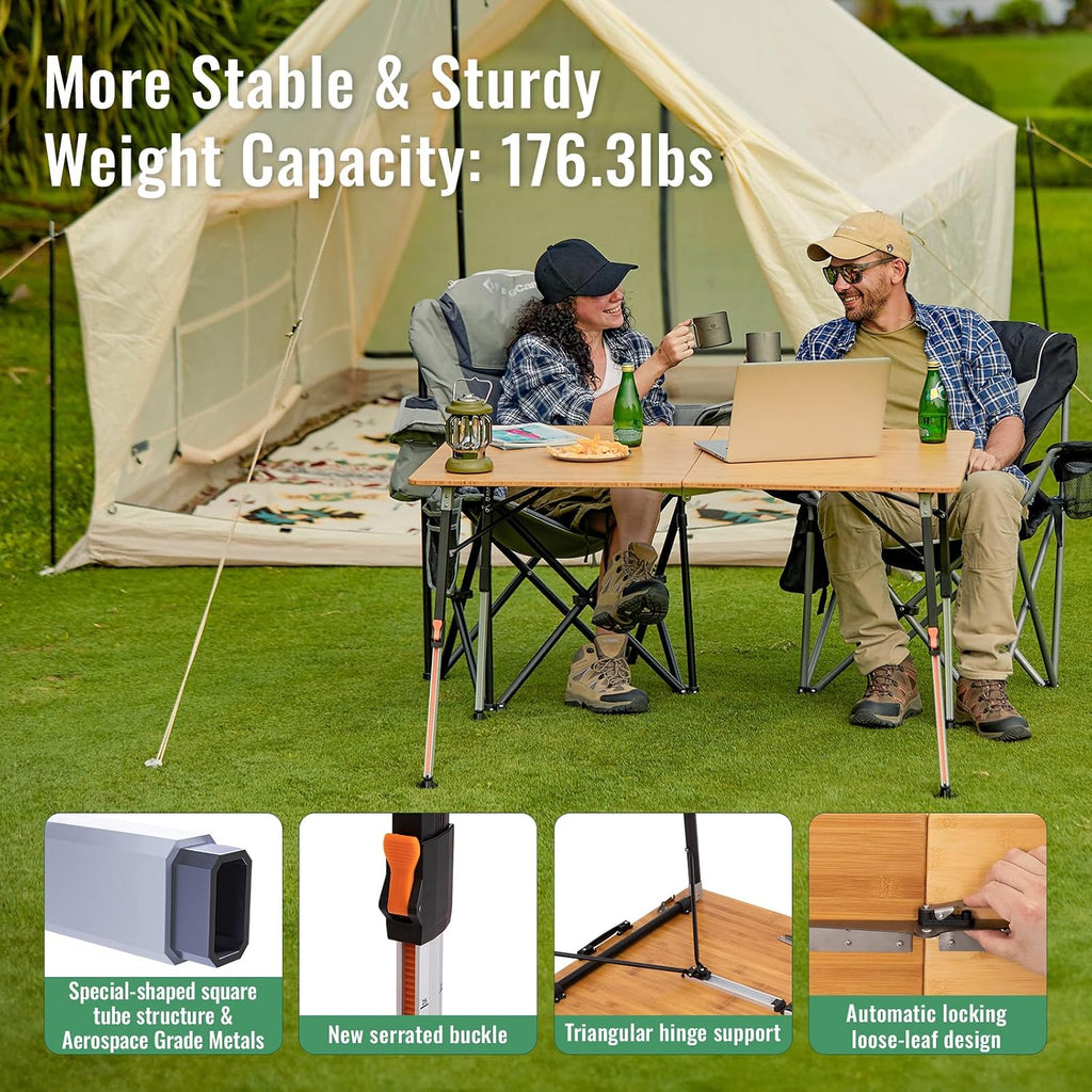 KingCamp Bamboo Folding Table with Adjustable Height