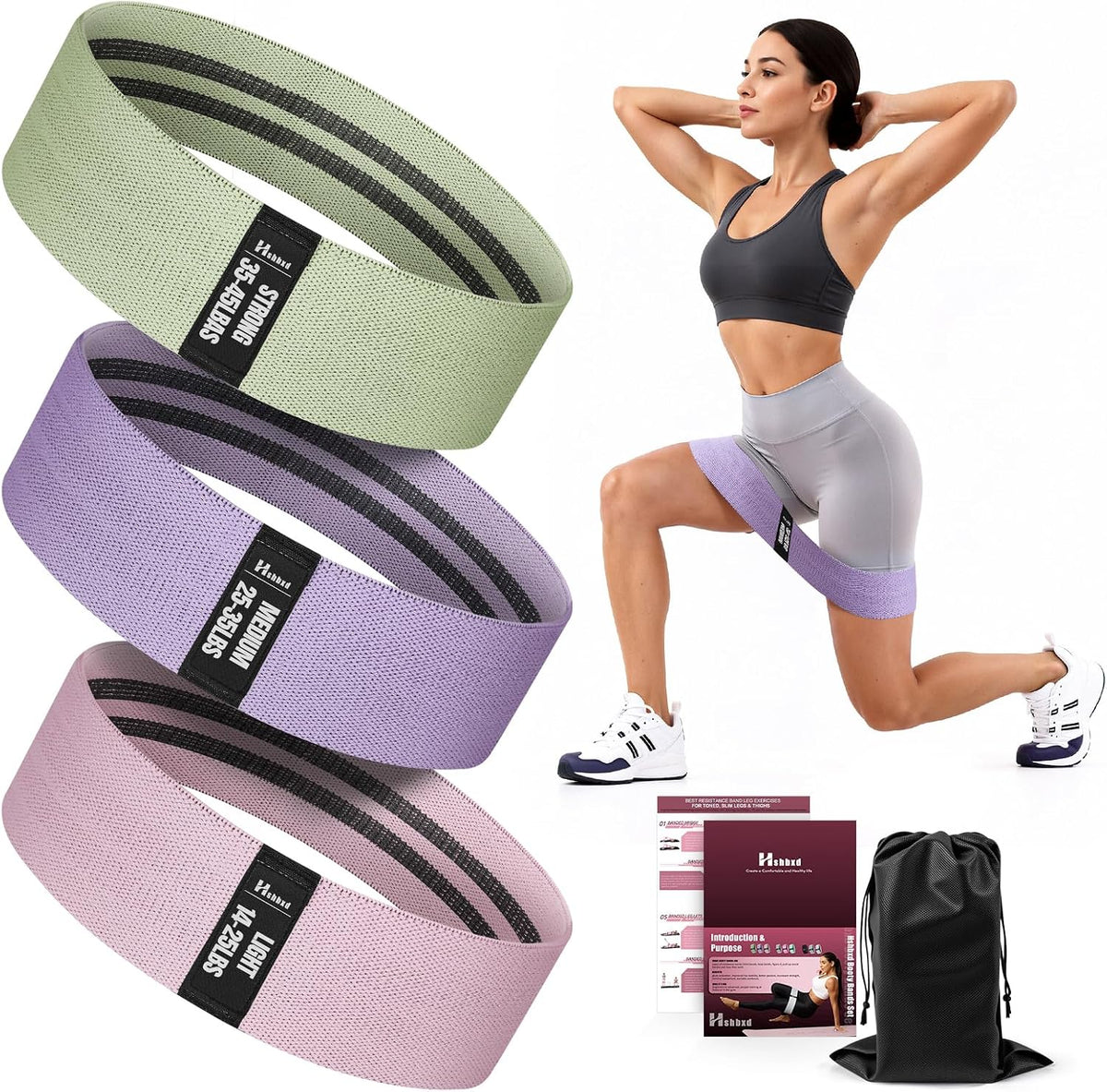Fabric Resistance Band Set with Exercise Guide, 3 Levels for Hip and Glute