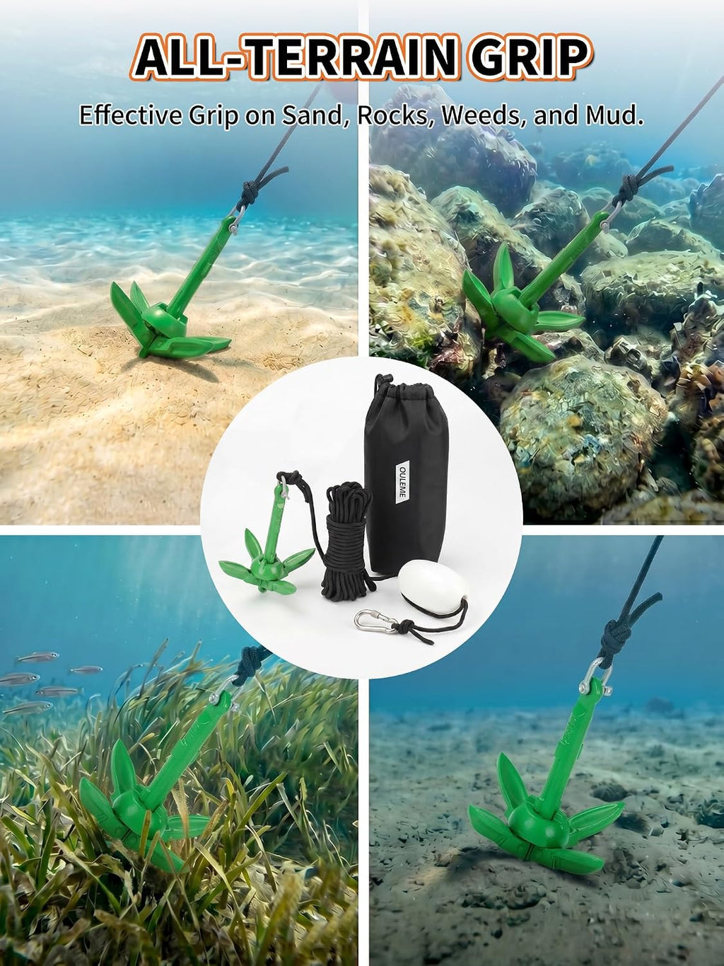 OULEME 1.5/3.5 LB Folding Grapnel Anchor Kit with 40 FT Rope & Buoy, for Boat, Kayak, Canoe, Small Watercraft, SUP, PWC, Jet Ski, Inflatable Paddle Board