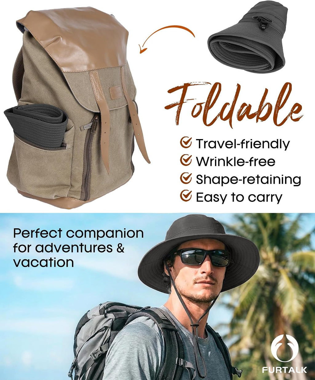 FURTALK Sun Hats for Men Women Packable Wide Brim Summer UV Protective Bucket Hat UPF 50+ Hat for Fishing Hiking