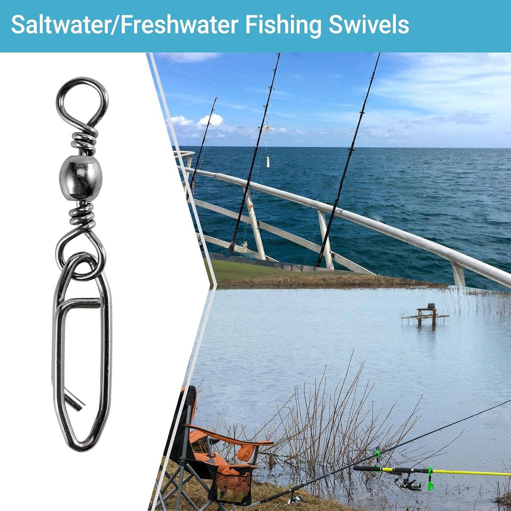 QISHUO High Strength Fishing Swivels Stainless Clips Steel Snap Swivels Barrel Connector Saltwater Swivel Fishing Rolling Black Nickel