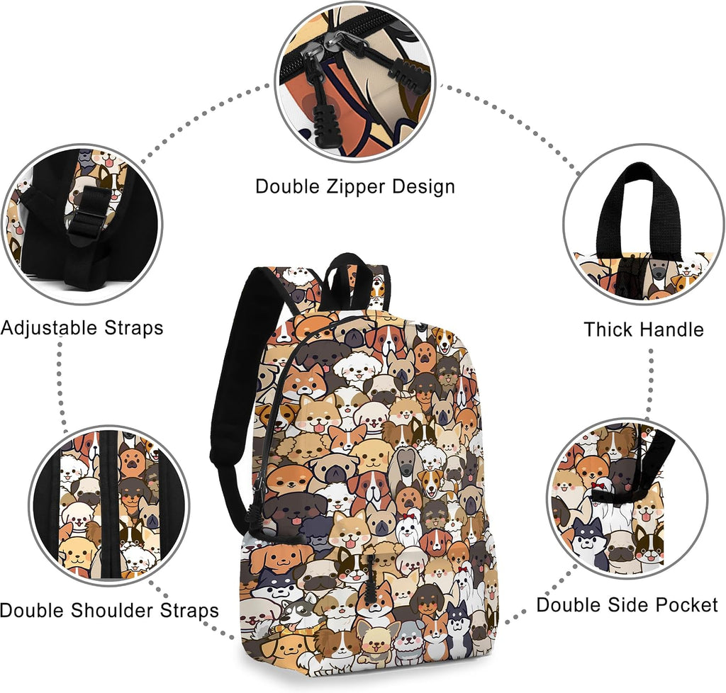 Funny Dog School Backpack for Girls Boys Bookbag, 17 Inch Dog Laptop Backpack, Dogs Animals Theme Back Pack for School Travel Hiking Camping