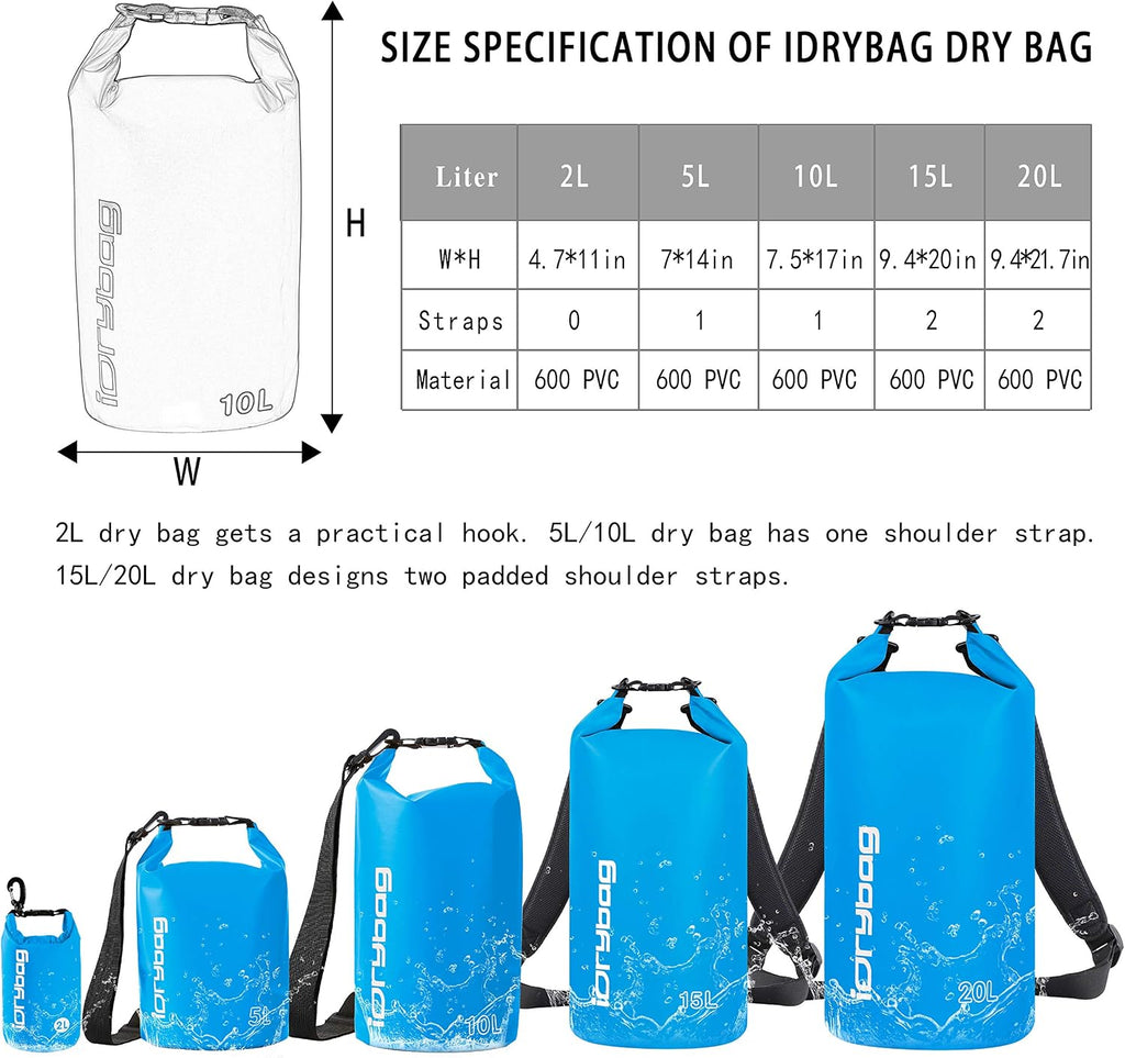 IDRYBAG Dry Bag for Kayaking Waterproof 2L/5L/10L/15L/20L, Small Dry Sack Waterproof Bag for Boating