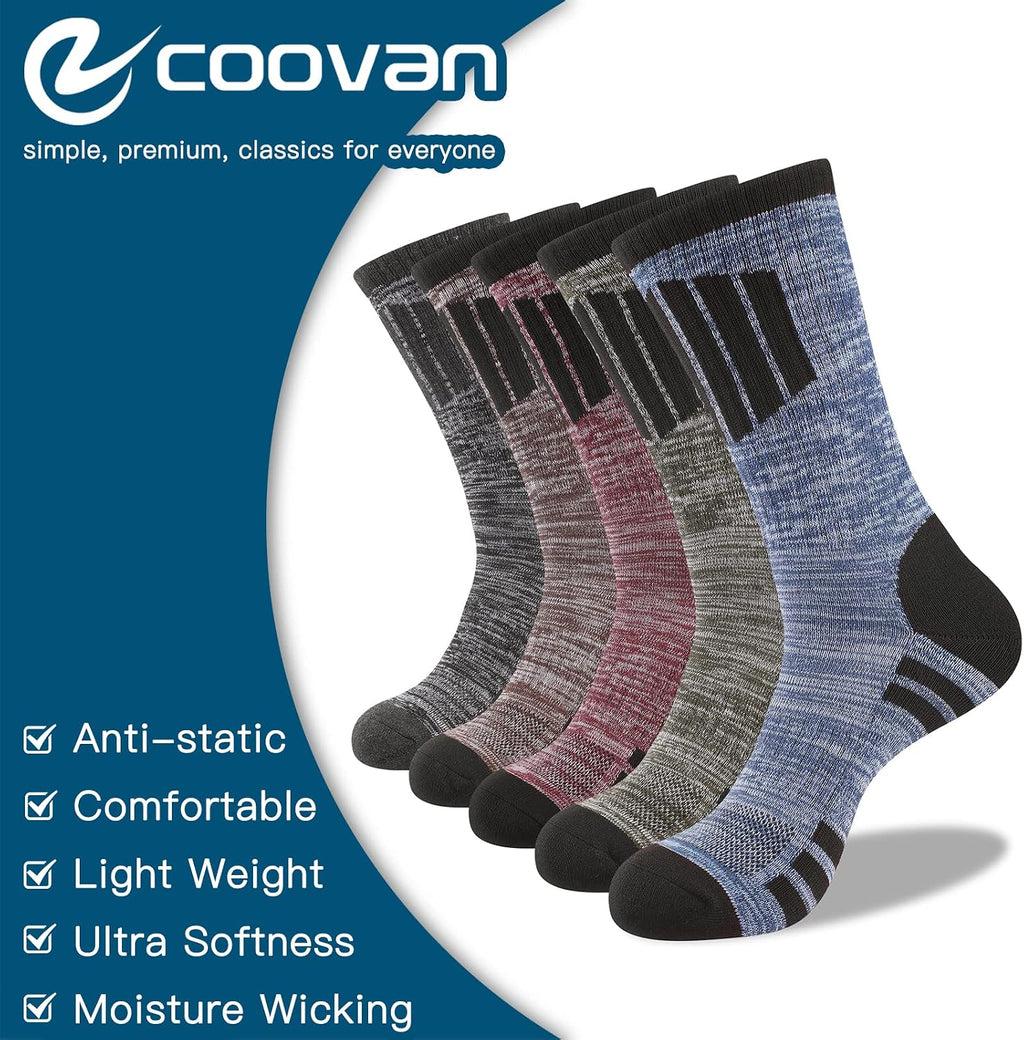 COOVAN Mens Hiking Crew Socks 5 Pairs Moisture Wicking Cushioned Boot Socks