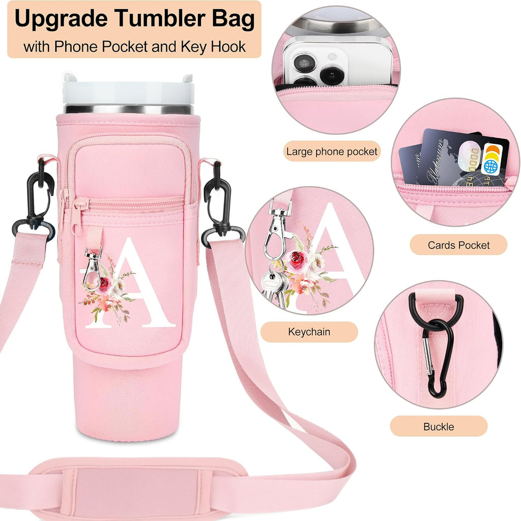 Initial Water Bottle Holder with Strap for Stanley Cup Accessories 40 oz/Simple Modern Tumbler, Birthdays for Women Girls, Water Bottle Carrier Bag with Phone Pocket,Hiking Walking Gym Camping