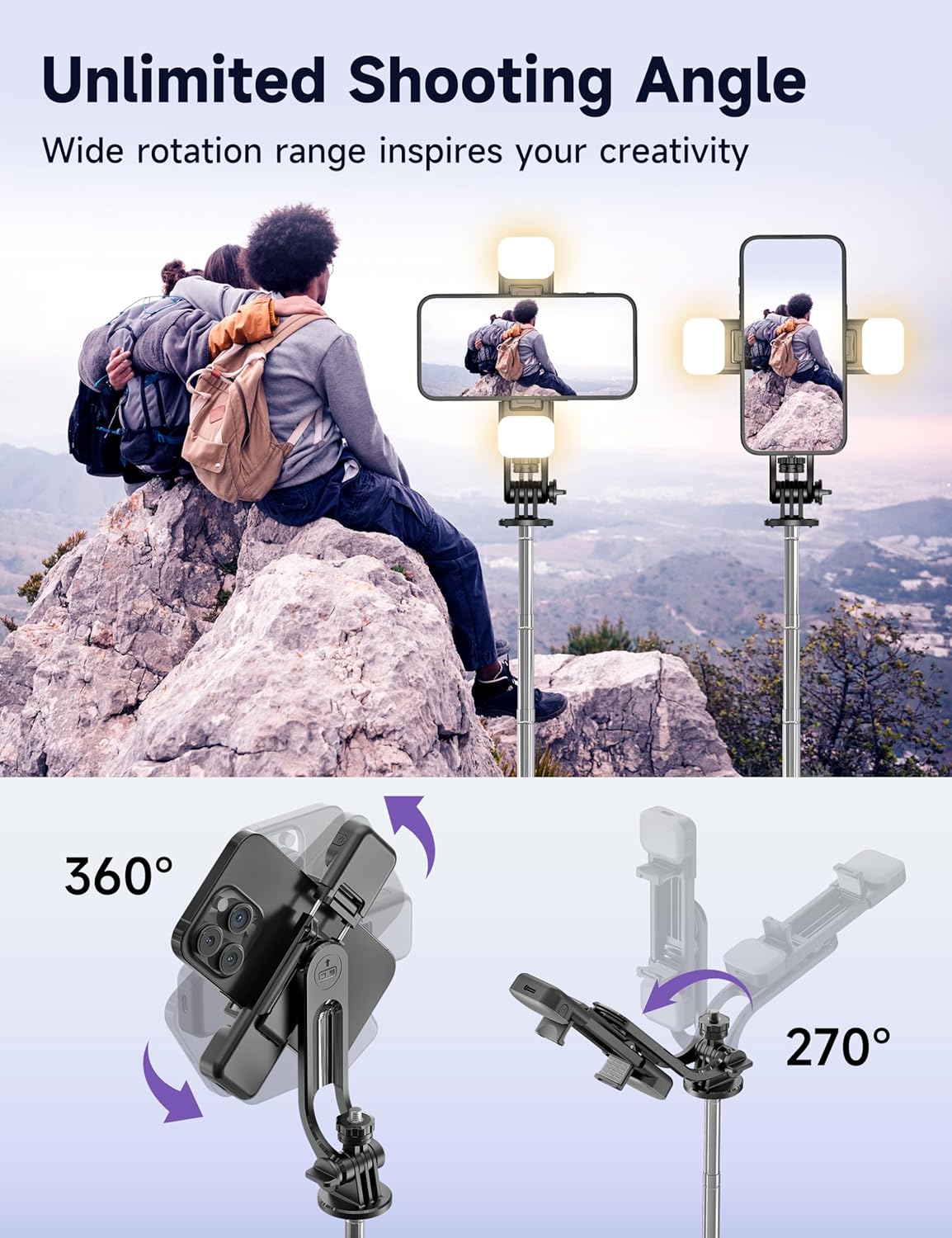 53'' Selfie Stick Tripod with Light, Extendable Selfie Stick with Remote, Portable Cell Phone Tripod Stand with All in 1 Phone Clip, Lightweight Camera Tripod Compatible with iPhone 17 16 15, Android