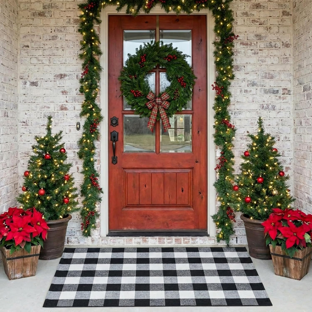 MUBIN Fall Decor Cotton Buffalo Plaid Rug, 3' x 5' Black and White Outdoor Rug Front Door Decorative Mat, Washable Doormat Foldable Area Rug Layered Door Mats Rug for Front Porch, Entryway, Patio