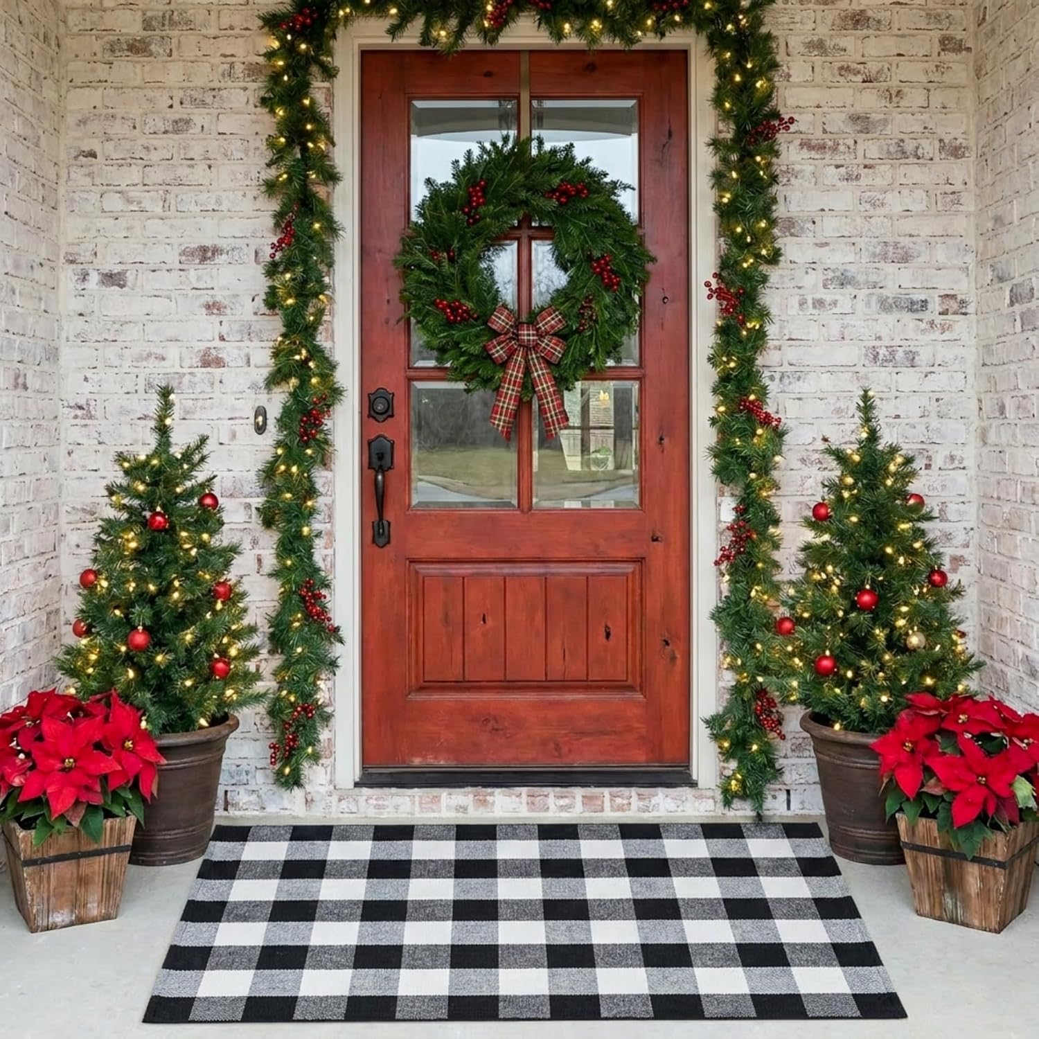 MUBIN Fall Decor Cotton Buffalo Plaid Rug, 3' x 5' Black and White Outdoor Rug Front Door Decorative Mat, Washable Doormat Foldable Area Rug Layered Door Mats Rug for Front Porch, Entryway, Patio