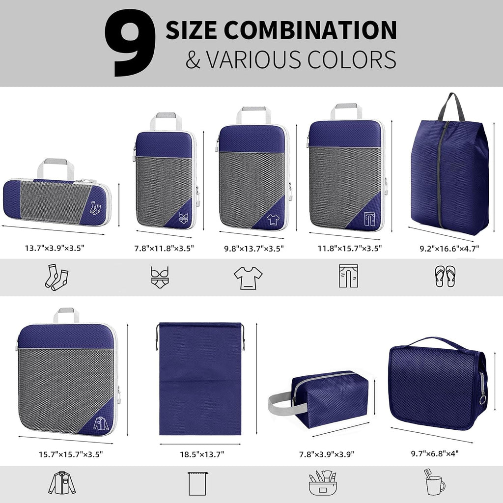 9-Set Packing Cubes with Hanging Bag | 9-Size Combination, Mesh Fabric & Reflective Stripe | Travel Luggage Organizers (Navy)