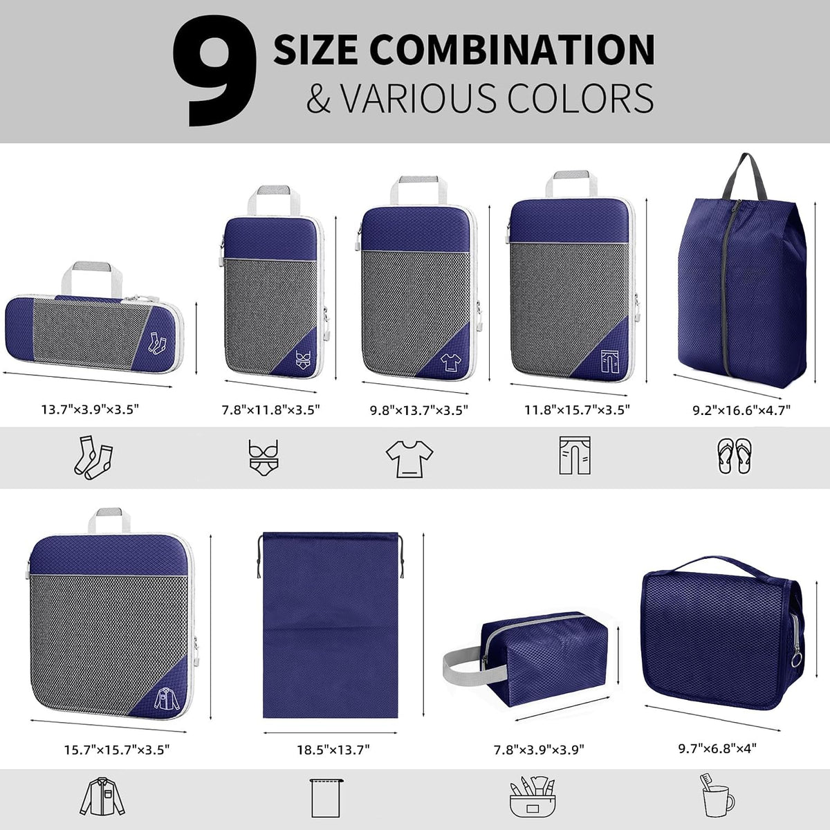 9-Set Packing Cubes with Hanging Bag | 9-Size Combination, Mesh Fabric & Reflective Stripe | Travel Luggage Organizers (Navy)