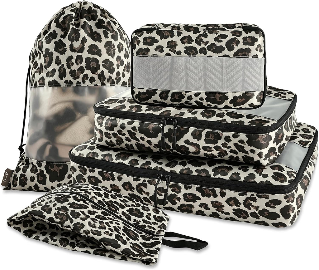 U+U 5 Set Packing Cubes, Travel Organizers with Shoe Bag (Brown Polka Dot)