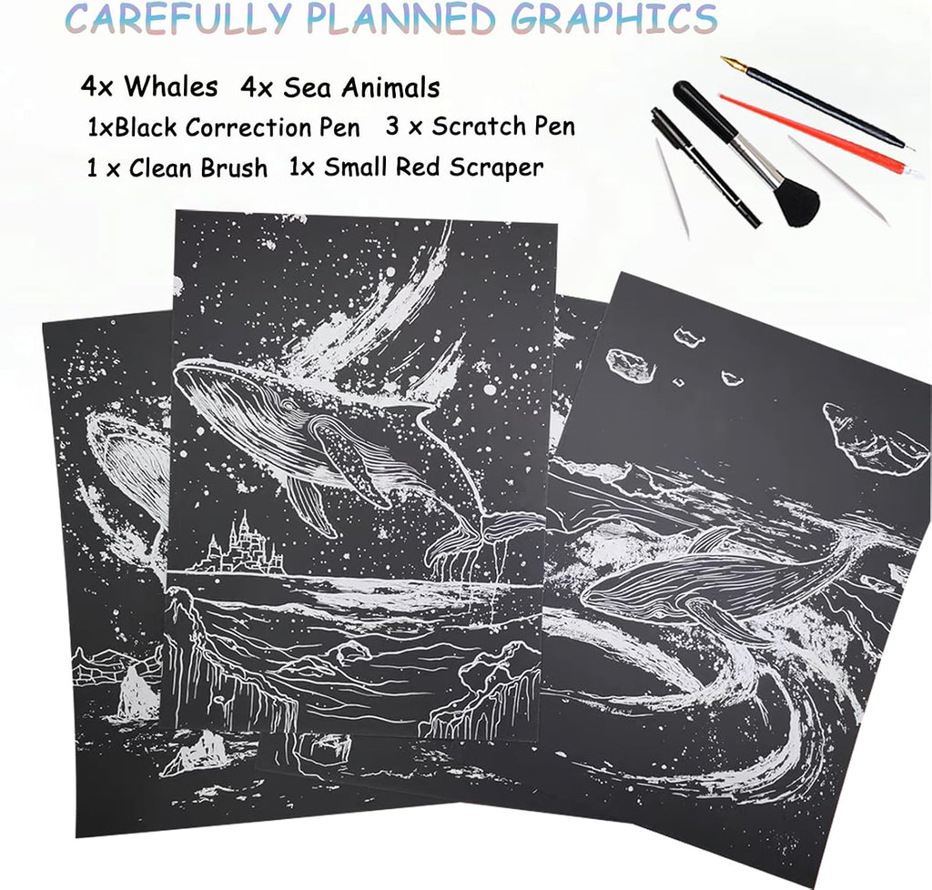 Scratch Art Adult DIY Paint by Scratch Rainbow Scratch Paper Art Colorful Sketches Scratch with 5 Scratch Tool for DIY Craft Gift（Ocean World）
