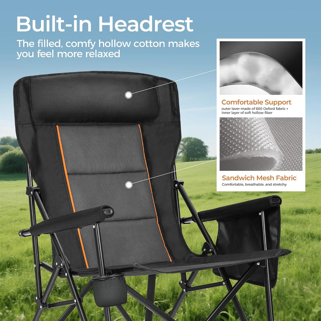 ALPHA CAMP Heavy Duty Camping Chairs with Cup Holder Oversized Folding Chair 500LBS Capacity Outdoor Chair with Headrest,Lawn with Side Pocket for Lawn, Sports and Fishing