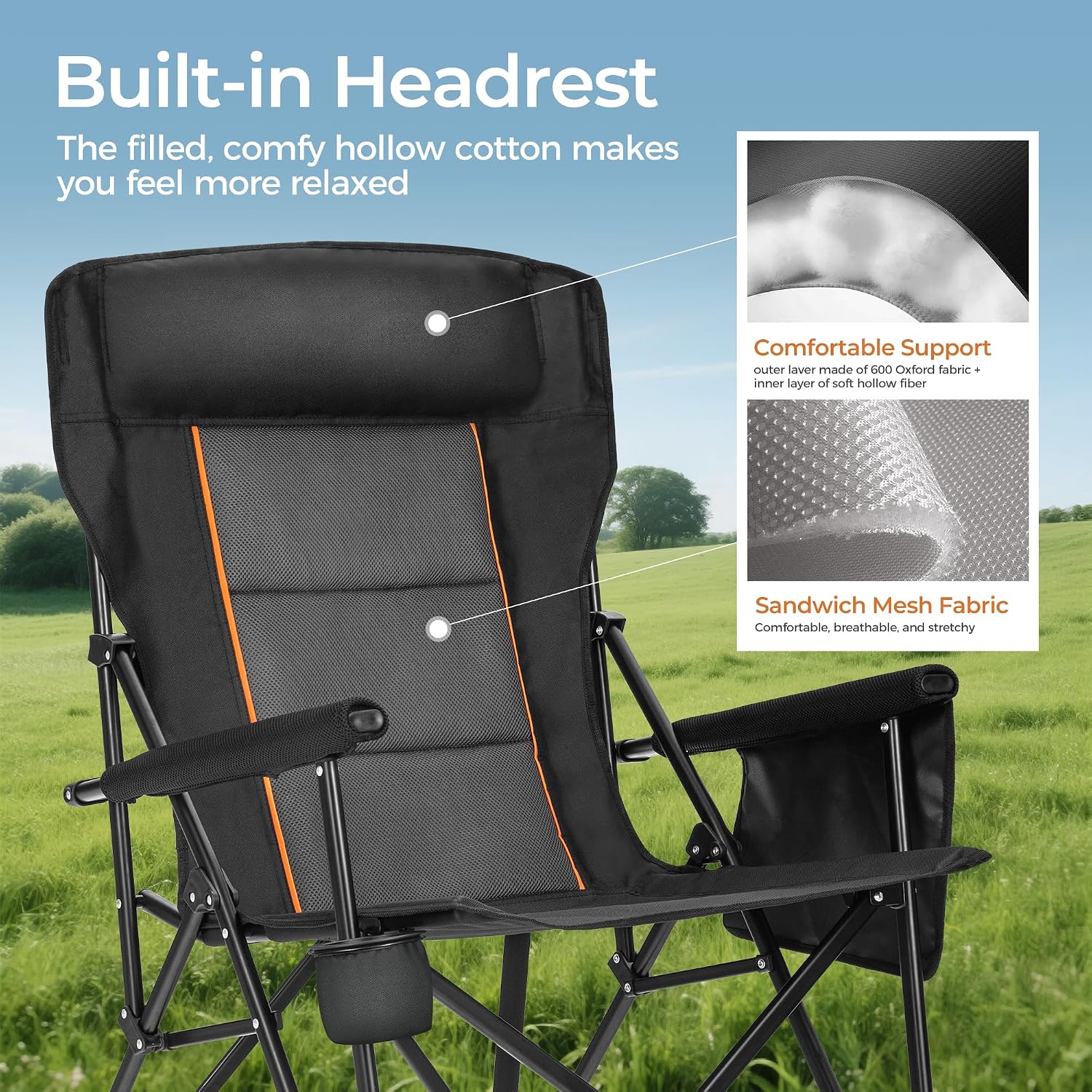ALPHA CAMP Heavy Duty Camping Chairs with Cup Holder Oversized Folding Chair 500LBS Capacity Outdoor Chair with Headrest,Lawn with Side Pocket for Lawn, Sports and Fishing