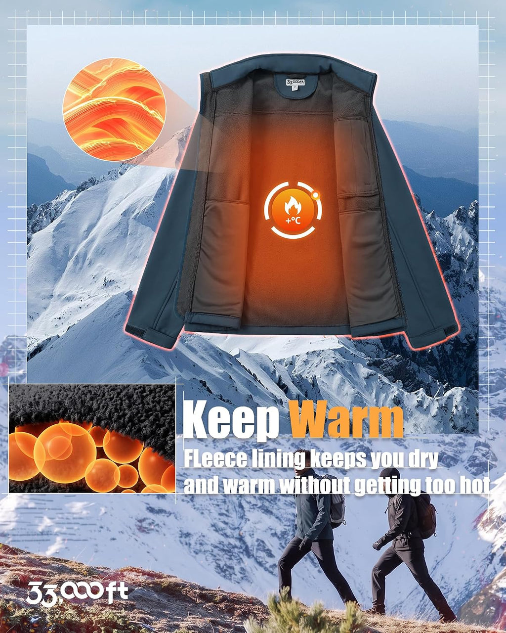 33,000ft Men's Waterproof Softshell Jacket Fleece Lightweight Windbreaker