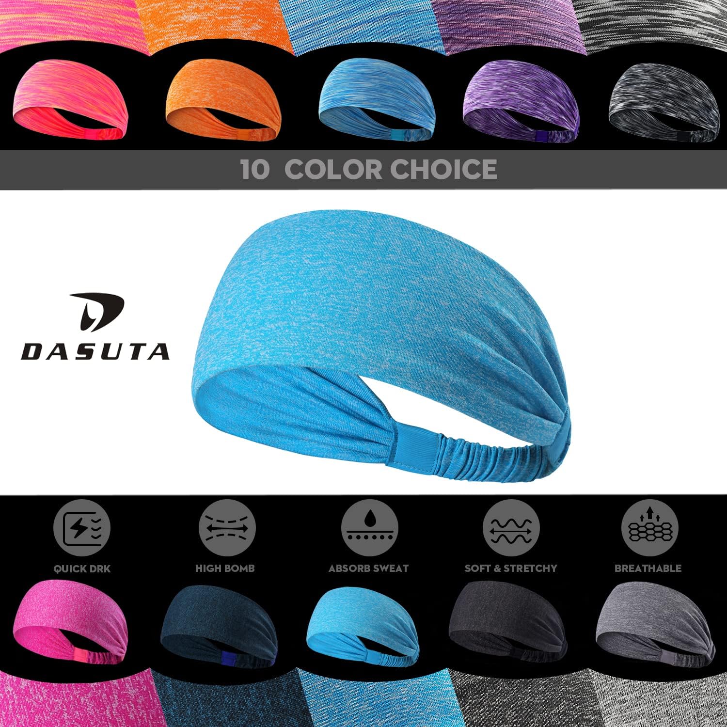 Workout Headbands for Women Sports Sweatbands Yoga Hairbands for Fitness Elastic Athletic Non Slip Wicking Headscarf for Men Womens and Girls 10 PCS (Style 3-10 Color)