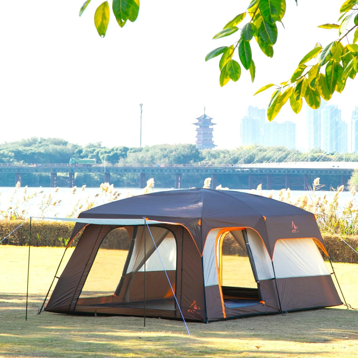 KTT Extra Large Tent 8-10-12-14 Person(A),Family Cabin Tents,2 Rooms,3 Doors and 3 Windows with Mesh,Straight Wall,Waterproof,Double Layer,Big Tent for Outdoor,Picnic,Camping,Family Gathering
