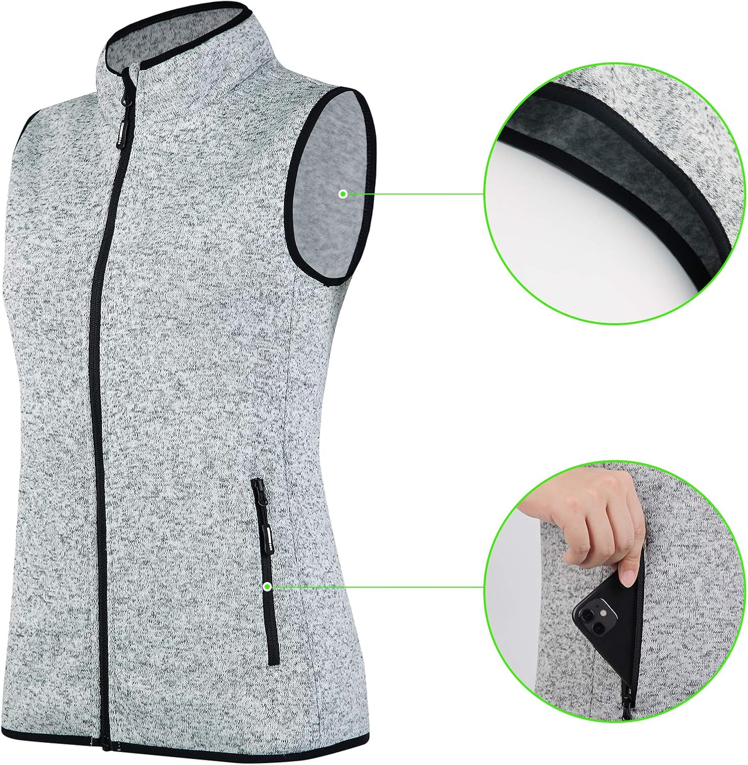 Zip Up Womens Vest with Zipper Pockets Sweater Fleece Vest