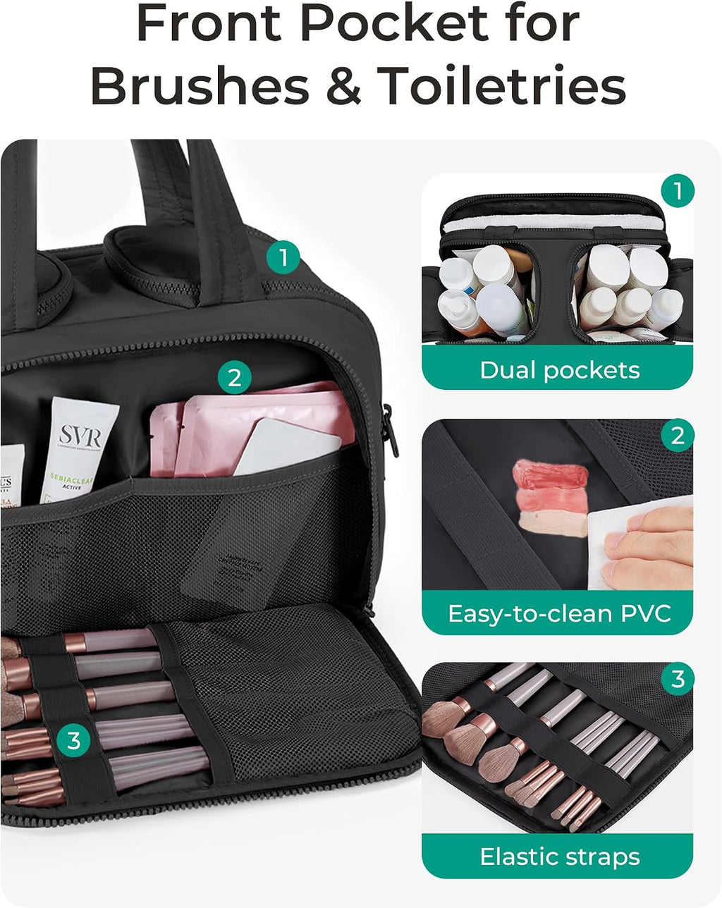 BAGSMART Travel Toiletry Bag, Crush Toiletry Bag for Women, Wide-open Puffy Toiletry Bags for Traveling, Large Travel Cosmetic Makeup Bag Organizer for Accessories,Toiletrie (Charcoal Gray)