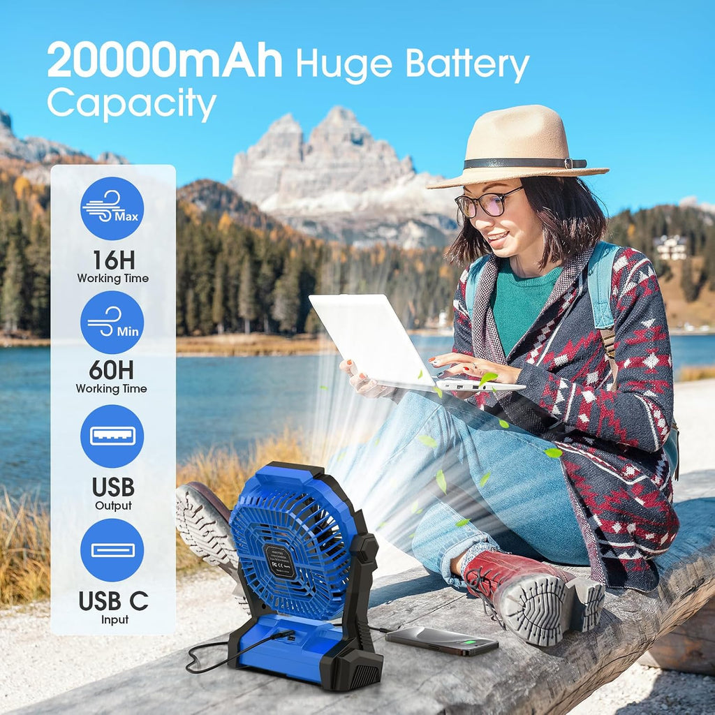 Portable Fan Rechargeable 20000mAh Cordless Battery Powered Camping Fan