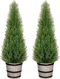 VIVATREES 3FT Artificial Cedar Topiary Trees with Rustic Barrel Planter, Outdoor Indoor Realistic Faux Pine Shrubs Plants, Fake Cypress Trees for Home Offices Porch Decor, Set of 2