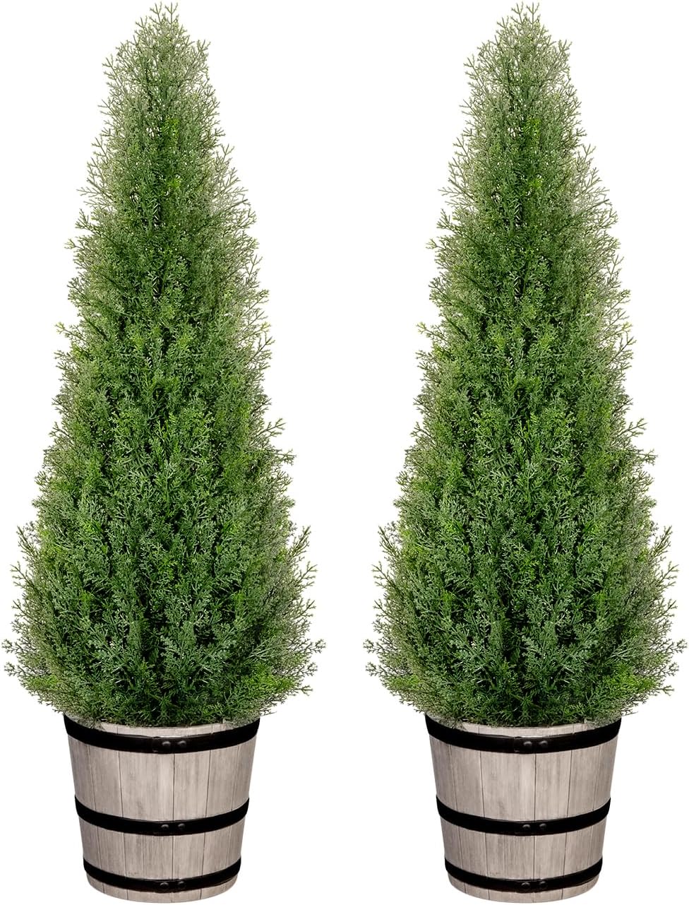 VIVATREES 3FT Artificial Cedar Topiary Trees with Rustic Barrel Planter, Outdoor Indoor Realistic Faux Pine Shrubs Plants, Fake Cypress Trees for Home Offices Porch Decor, Set of 2