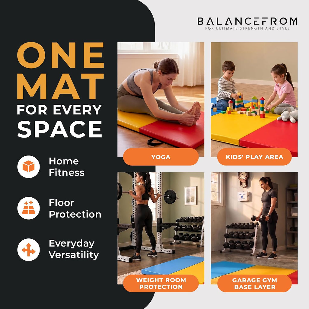 BalanceFrom 6x2 Feet 3-Panel Folding Gymnastics Mat – 1.5-Inch Thick Pad with Vinyl Surface and Carrying Handles for Tumbling, Yoga, Pilates, Home Workouts, and Martial Arts