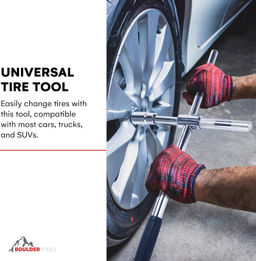 Boulder Tools 23 inch 4 Way Lug Wrench - Universal Telescopic Tire Removal Tool for Car and Truck - Portable Heavy Duty Tire Changing Tool for 19 mm and 21 mm Nuts - Durable Silver Aluminum Alloy