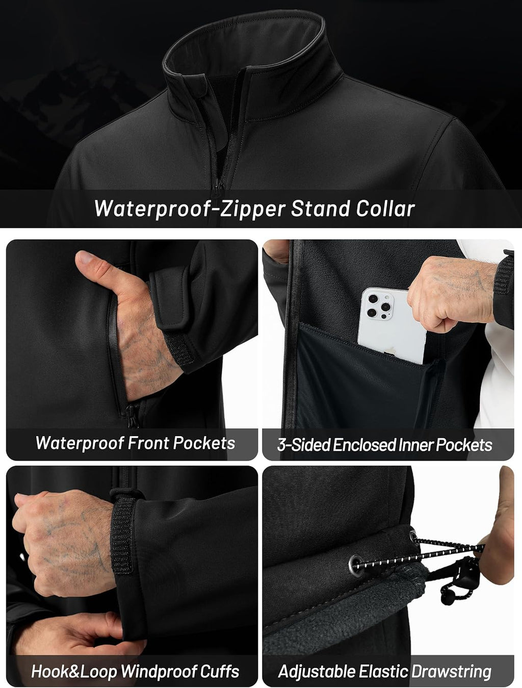 ZITY Men's Softshell Jacket Fleece Lined Lightweight Waterproof Rain Jacket Zip Up Soft Shell Windproof Windbreaker