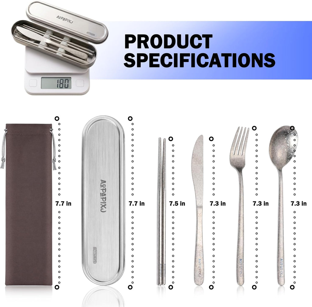 100% Pure Titanium Cutlery Set, Snowflake Pattern Titanium Tableware with 304 Stainless Steel Case & Silicone Holder, Ultralight Portable Utensils with Bonus Carry Bag for Camping