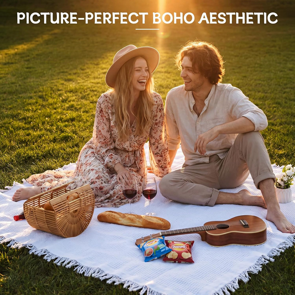 Boho Picnic Blanket with Leather Carry Strap, Extra Large White Outdoor Blanket with Fringe, Portable Sandproof Beach Mat for Camping, Park, Lawn & Photoshoot (71"x 71") (71 x 71 inches)