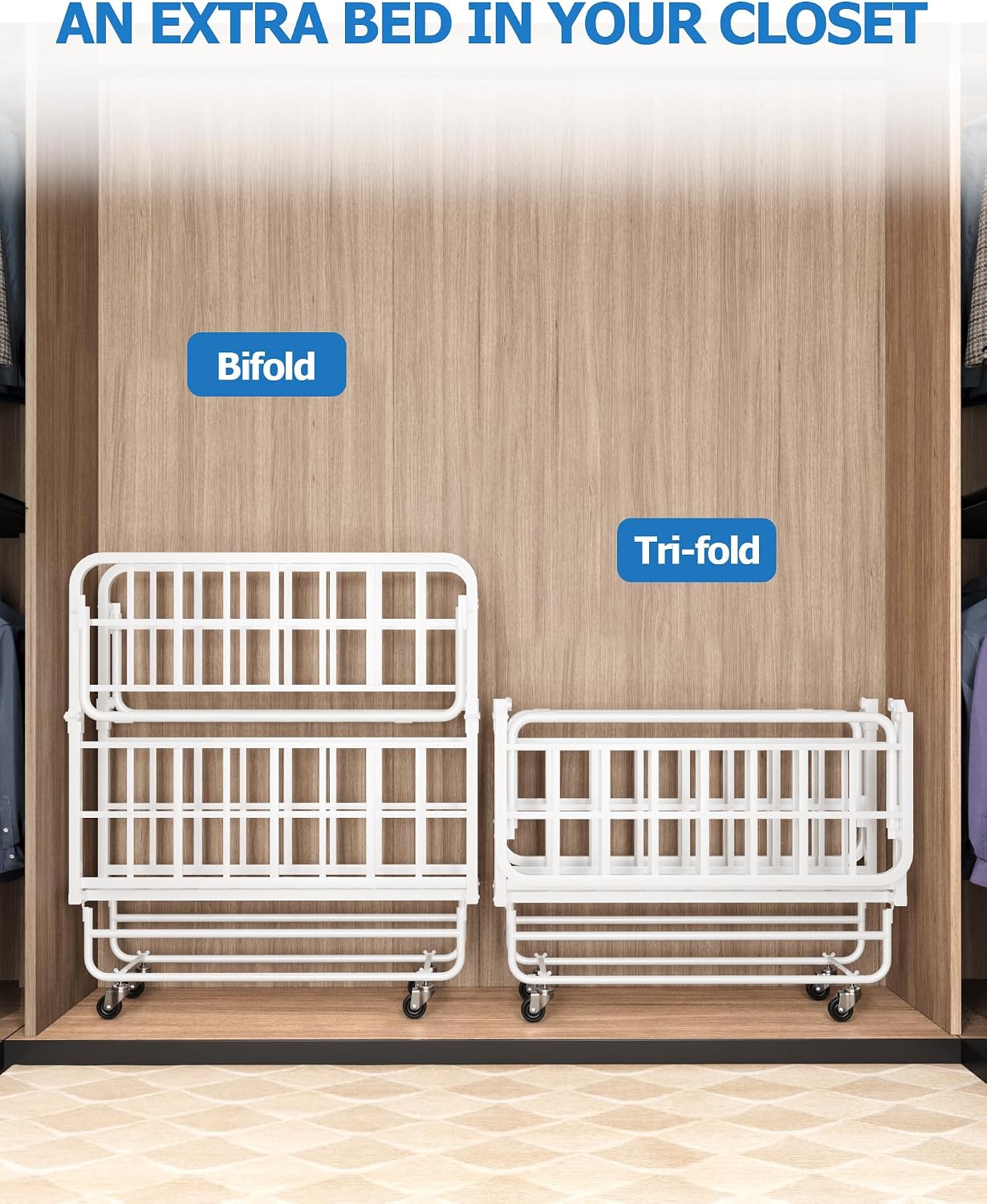 Folding Bed with Mattress Twin, Heavy Duty Steel Slat Frame, Portable Rollaway Bed with Firm Foam Mattress, Easy Assembly, Ideal for Guests & Camping, White
