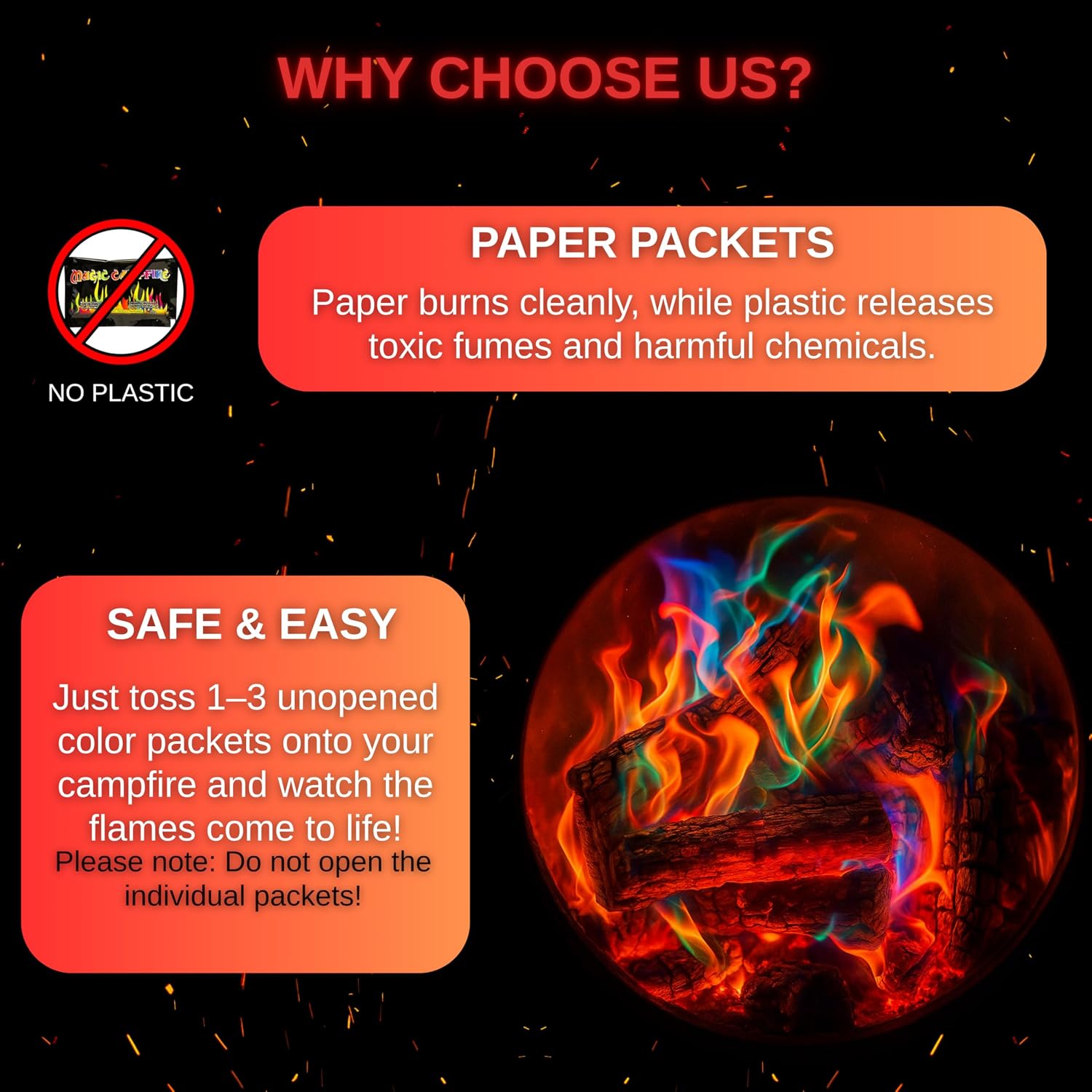 Dextreme Fire Color Changing Packets - Fire Color Packets, Color Changer for Campfires, Fire Pits, and Fireplaces, Longer Lasting Burn Time, Safe and Non-Toxic (50 Pack)