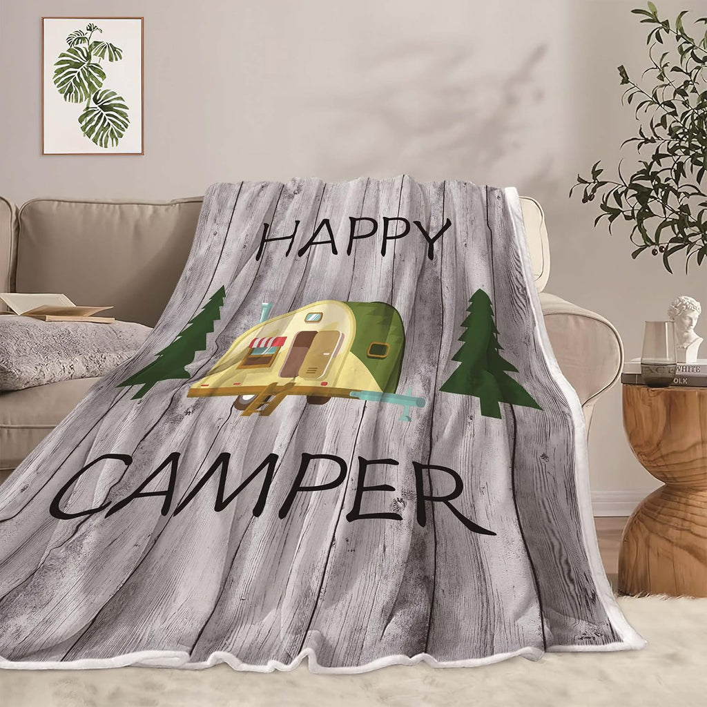 Camping Throw Blanket, Camping Gifts for Camper Outdoor Travel Trailer Blanket, Super Soft Comfy Fleece Flannel Throws Blankets for Couch Bed Sofa Living Room Bedroom Decor Grey 50x60 Inch