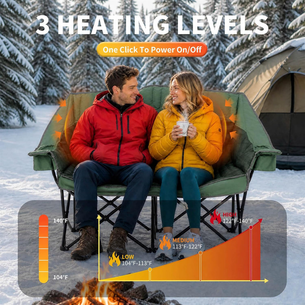 Heated Padded Double Camping Chair with 2 in 1 Carry Bag, 900LBS