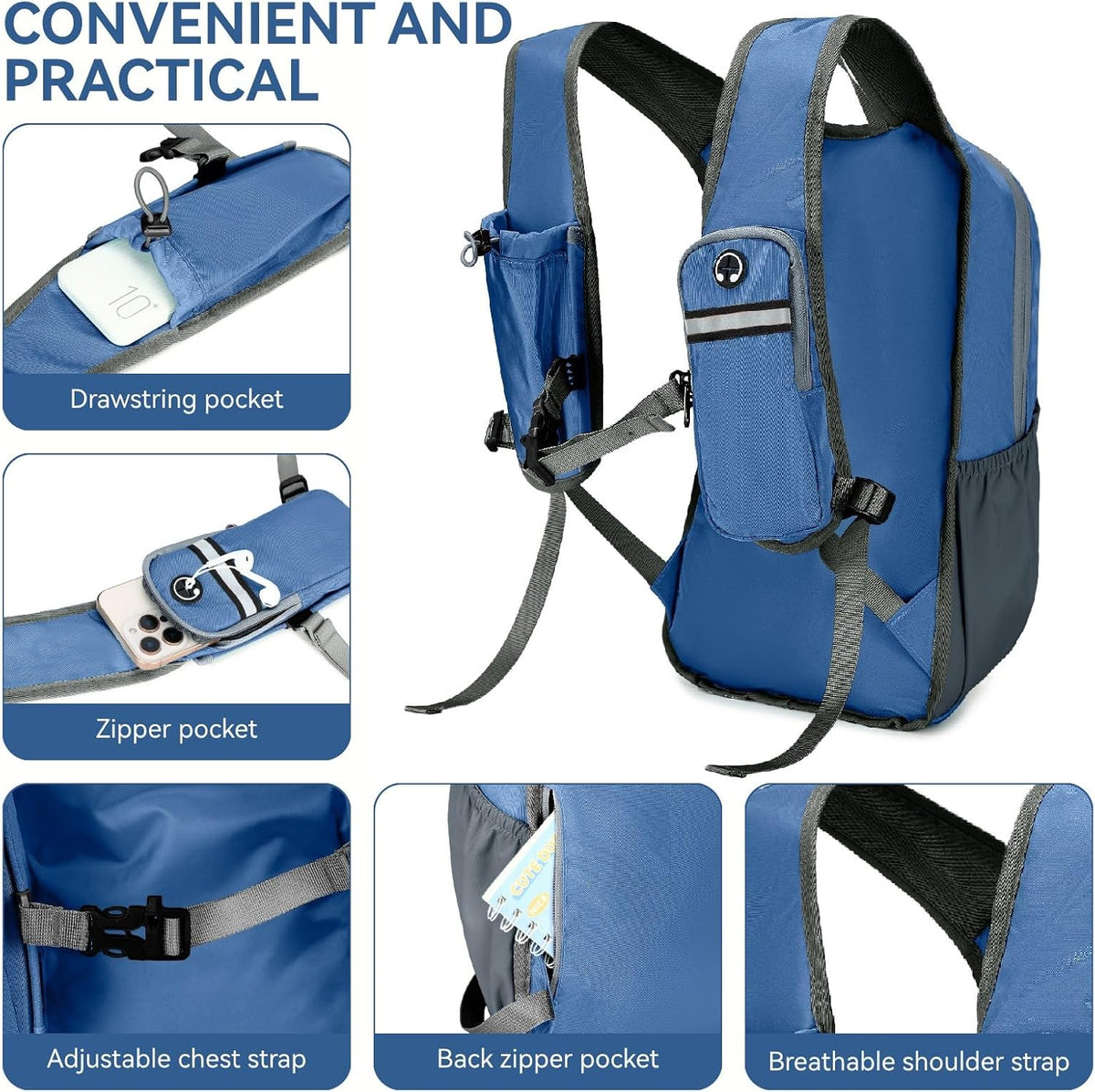 15L Small Hiking Backpack for Men Women Lightweight Packable Backpack Foldable Casual Daypack for Camping Travel Outdoor, Dark Blue