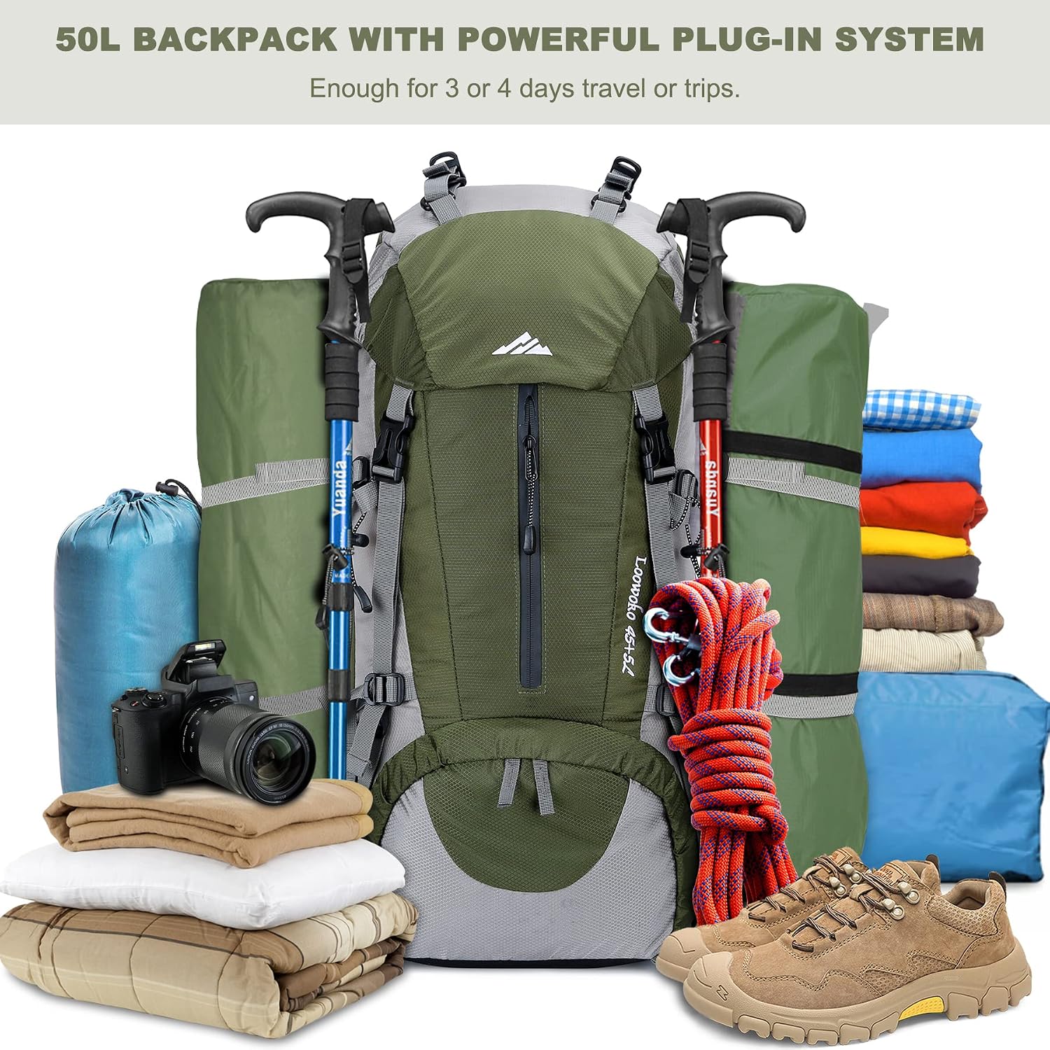Loowoko 50L Hiking Backpack with Rain Cover for Both Men & Women